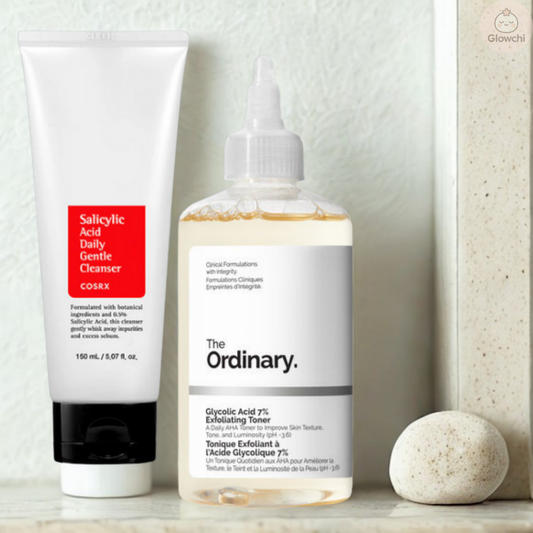 Exfoliating skincare set with COSRX salicylic acid cleanser and The Ordinary glycolic acid toner for clear, smooth skin